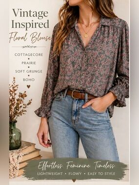 Vintage Cottagecore Floral Button Up Blouse Boho Prairie Soft Grunge Democracy M